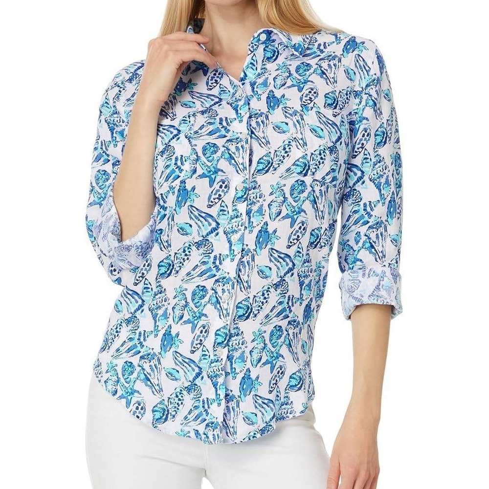Lilly Pulitzer Sea View Button Down Shirt Resort White Shell Collector Linen XXS